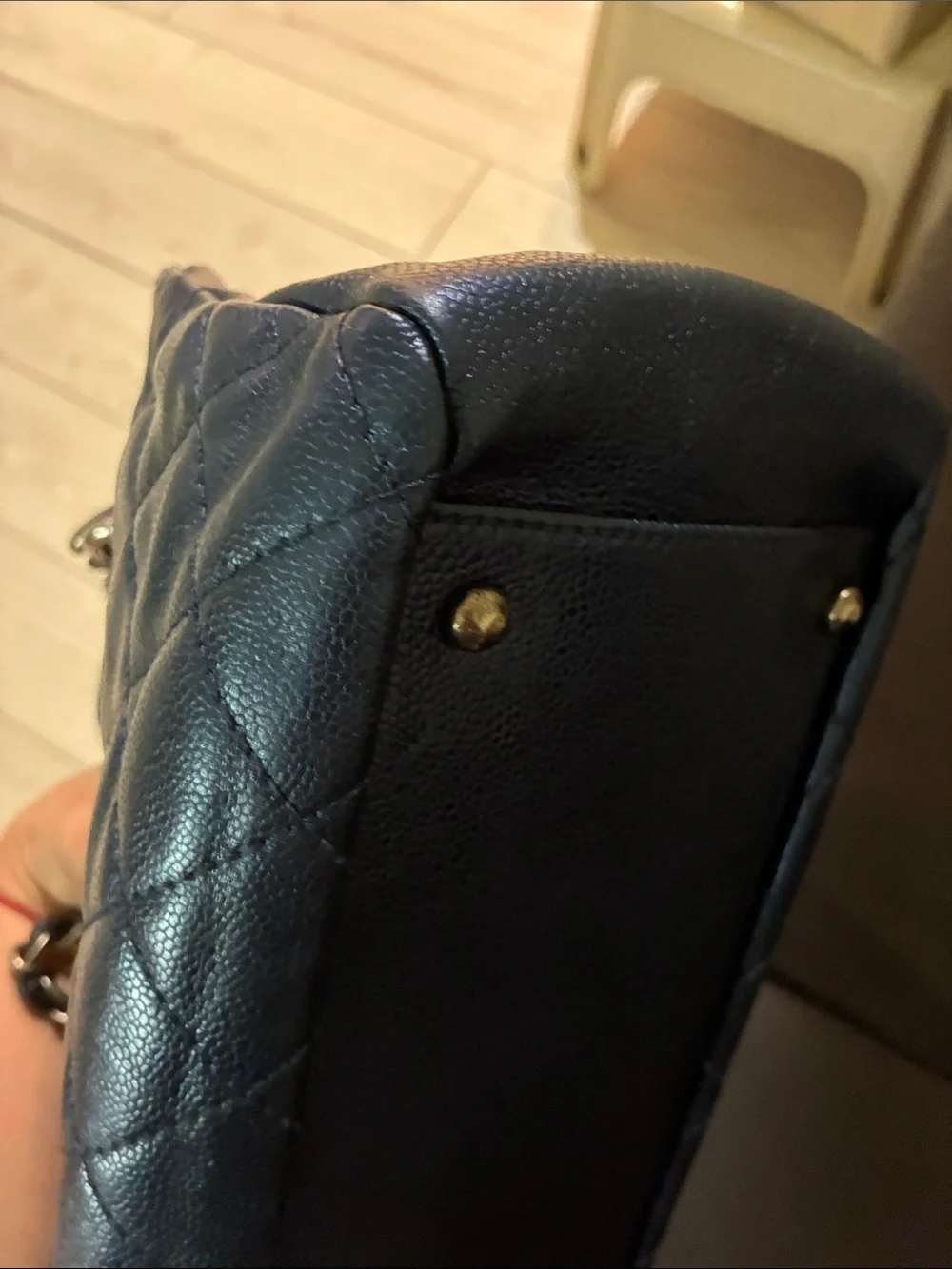 CHANEL Quilted Navy Leather Shoulder Bag with silver CC Charm